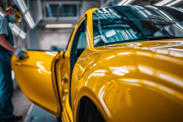 Skilled worker in protective gear carefully inspecting a brilliant yellow sports car on a high-tech assembly line inside an automotive manufacturing facility