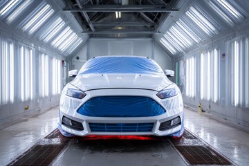 White car covered in blue protective plastic inside a brightly lit vehicle service bay with a wet floor