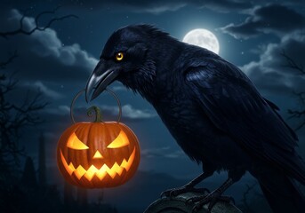 Fototapeta premium Black crow with glowing eyes carrying a pumpkin lantern