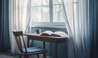 Serene Reading Nook with Open Book, Coffee, and Soft Natural Light