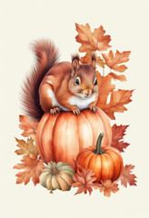 Ein Eichhörnchen liegt auf einem großen Kürbis, umgeben von buntem Herbstlaub und weiteren Kürbissen. Stimmungsvolle Herbstillustration. Generative KI