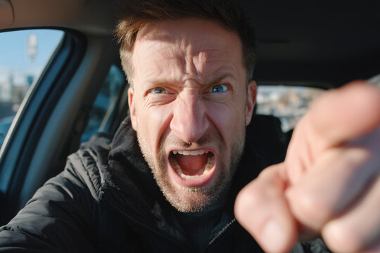 Man expressing anger while sitting in a car during daytime in a bustling urban environment Generative AI - Powered by Adobe