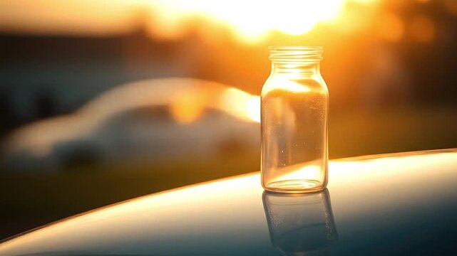 Clear empty glass jar reflects sunlight atop glossy surface blurred background of golden light