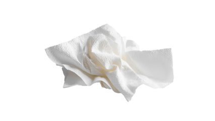 A crumpled, wrinkled white paper napkin or towel on a completely white background.