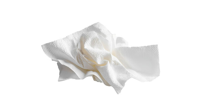A crumpled, wrinkled white paper napkin or towel on a completely white background.