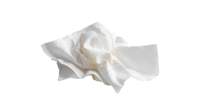 A crumpled, wrinkled white paper napkin or towel on a completely white background.
