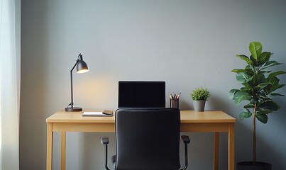 Modern home office setup featuring a laptop, lamp, chair and plants