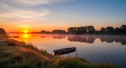 Serene River Landscape at Dawn with a Boat.