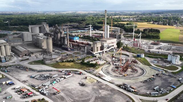 Cement plant at obourg, Belgium, where consutruction for decarbonisation takes place. Capturing and transport CO2 from the sky and transport nad burry in the north sea. Aerial video.