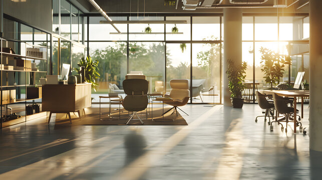 modern open space office interior with stylish furniture, glass walls, creative workspace vibe, warm natural light, cinematic wide shot, 16:9