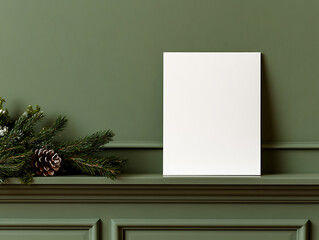 Elegant blank canvas on green wall with fir sprig. Minimalist aesthetic with space for your design. Festive mock up.