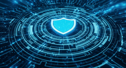 Blue glowing shield in a circular technological pattern, symbolizing digital security and data protection, ideal for cybersecurity concepts