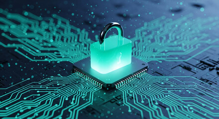 Glowing green padlock on microchip circuit board, representing digital security, data protection, and cybersecurity concept