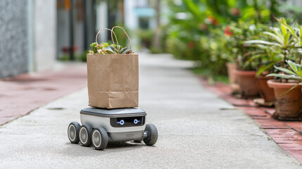 Small autonomous robot delivering groceries in a paper bag, navigating through a quiet residential neighborhood, showcasing innovative technology
