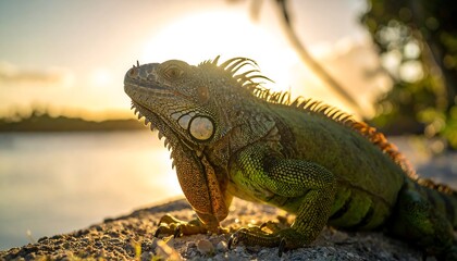 Close-up of iguana at sunset by water