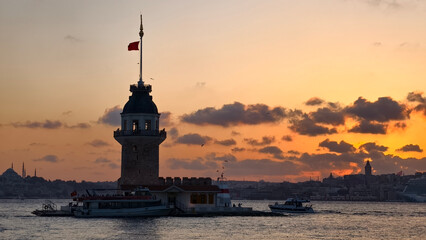 Silhouette of Maiden's Tower at sunset in Istanbul