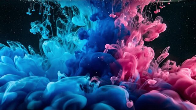 Blue  pink ink plumes mix in water underlit against a starspeckled background