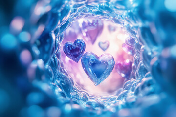 Ethereal hearts floating in a dreamy blue background, capturing the essence of love and movement