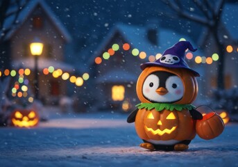 Fototapeta premium Penguin Trick-or-Treating in Snowy Halloween Night with Costume