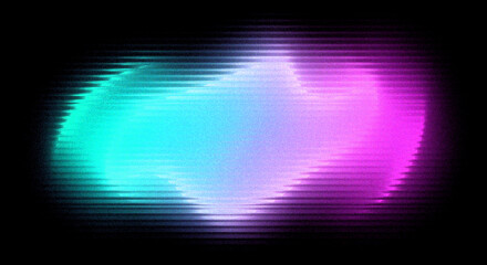 A vibrant, abstract design featuring a central, glowing shape with horizontal lines and a gradient of cyan, blue, and magenta hues on black background