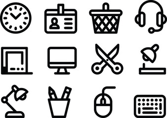 Collection of Office Desk Essentials and Tools Icons Representing Productivity Organization and Professionalism Essential Elements for Workplaces and Personal Productivity Tasks