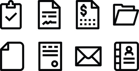 Diverse Set of Black and White Office Icons Representing Documents, Finance, Folders, and Communication in a Simple and Bold Line Art Style
