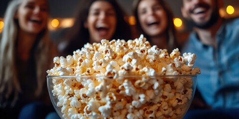Friends enjoy movie night with large bowl of popcorn in cozy setting filled with warm lights