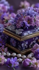 Colorful floral jewelry box adorned with violets and pearls on a soft purple background