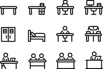 A Diverse Collection of Furniture Icons Showcasing Desks, Beds, Storage, and Collaboration Stations Ideal for Interior Design and Workplace Layouts