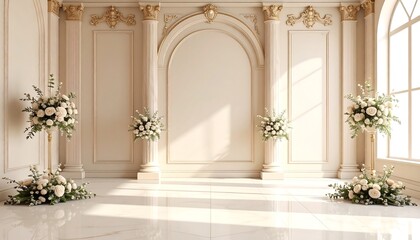 Elegant, sunlit room with floral arrangements