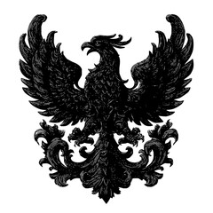 Obraz premium Detailed black heraldic eagle with spread wings and ornate flourishes in a vintage style illustration