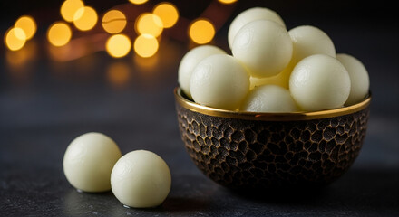 Close-up shot of a bowl overflowing with creamy white chocolate truffles, garnished with bokeh lights in the background