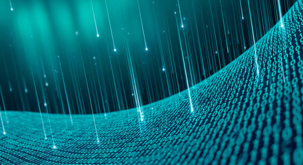 Abstract teal digital data stream, binary code flowing, representing data transfer, technology, and digital information flow