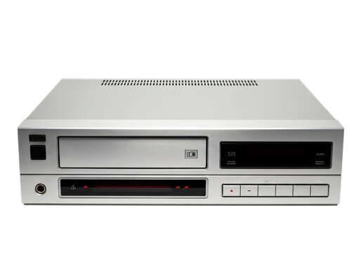Retro electronics two-tiered device featuring vcr and cd player component front view