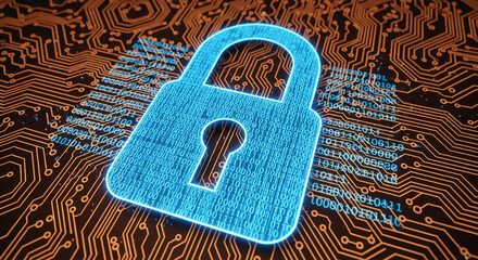 Cybersecurity concept image: glowing blue padlock composed of binary code on an orange circuit board background, symbolizing digital protection and data security