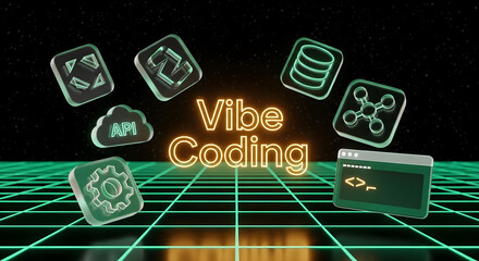 Vibe coding concept with glowing neon text and technology icons in a retro virtual space.