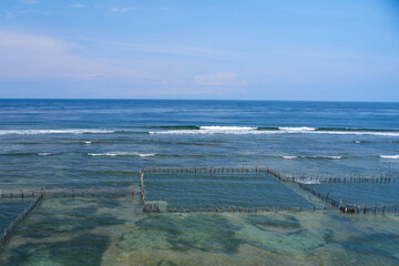 A local seafood farm in the ocean. A net fence for mollusk farming near the shore.
