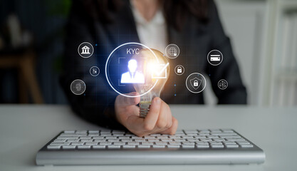 Digital KYC verification with biometric scan, ID authentication, and financial security icons...