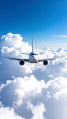 Airplane soaring through fluffy clouds