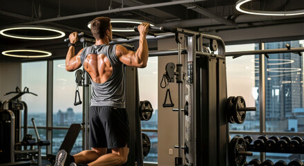 A man doing pull ups at the gym with a view of the city through the window and modern lighting fixtures
