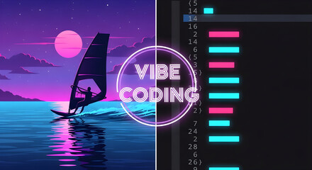 Vibe coding concept balancing work and leisure, with a split screen of a synthwave windsurfer and a neon code editor.