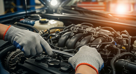 Professional auto mechanic wearing protective gloves meticulously working on a car engine under the hood, performing detailed maintenance and repair services in a workshop environment
