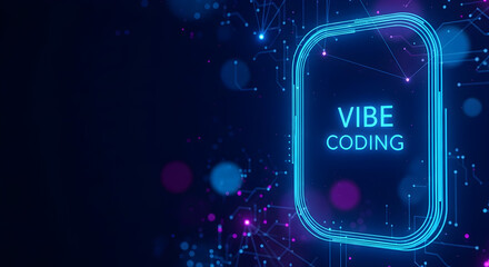 Futuristic concept of vibe coding with glowing neon text inside a frame on a digital circuit board.