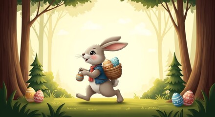 Naklejka premium Whimsical easter illustration featuring a bunny delivering eggs in a sunlit forest