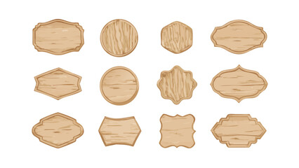 Collection of twelve wooden signs with different shapes and textures on a white background