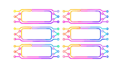 Six colorful abstract circuit board frames with rounded rectangles and connected nodes in a pattern