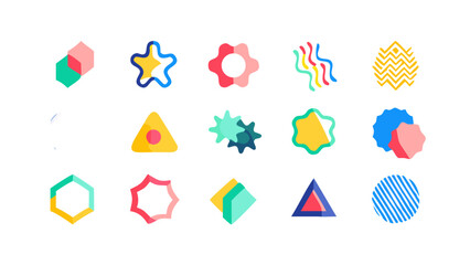 Collection of fifteen colorful geometric shapes arranged in rows on a white background design element