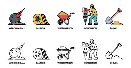 demolition and site preparation icon set with wrecking ball, caution tape, wheelbarrow, jackhammer and shovel symbols, vector illustrations for deconstruction