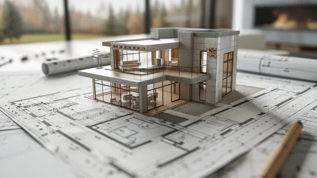 Architectural plan with a house design on top of a blueprints, perfect for real estate, construction or design purposes