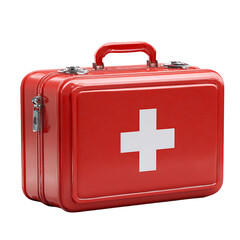 A red first aid kit with a white cross is presented against a transparent background symbolizing emergency preparedness and medical assistance